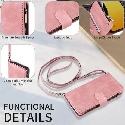 For iPhone 15 Pro Max Case with Shoulder Strap Zipper Wallet Leather Phone Cover