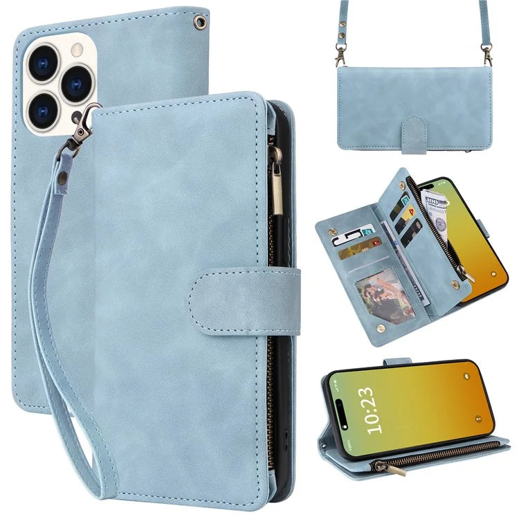 For iPhone 15 Pro Max Case with Shoulder Strap Zipper Wallet Leather Phone Cover