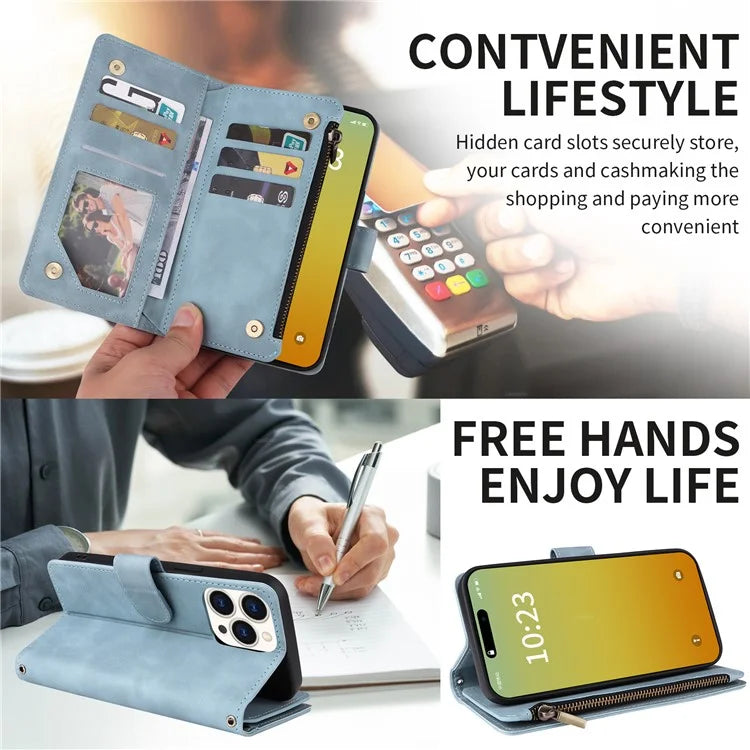 For iPhone 15 Pro Max Case with Shoulder Strap Zipper Wallet Leather Phone Cover