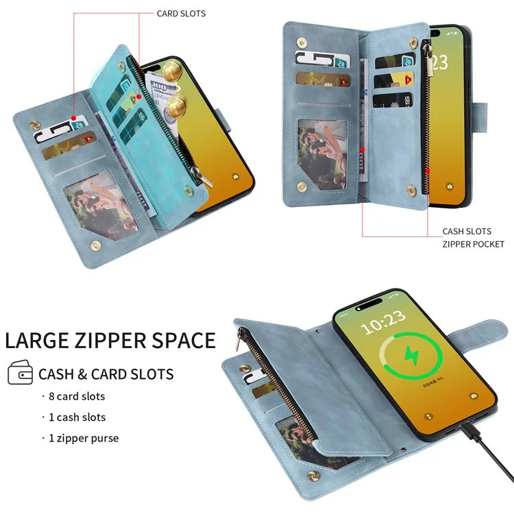 For iPhone 15 Pro Max Case with Shoulder Strap Zipper Wallet Leather Phone Cover