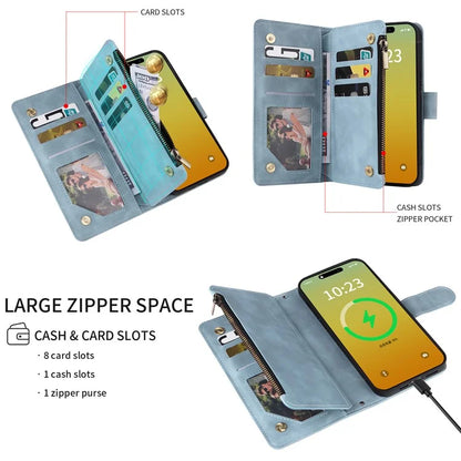 For iPhone 15 Pro Max Case with Shoulder Strap Zipper Wallet Leather Phone Cover