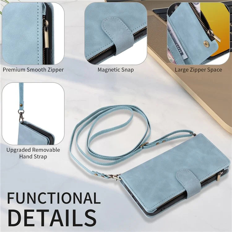 For iPhone 15 Pro Max Case with Shoulder Strap Zipper Wallet Leather Phone Cover