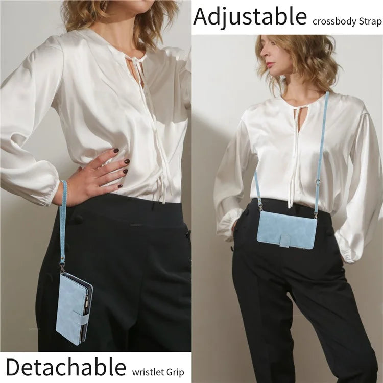 For iPhone 15 Pro Max Case with Shoulder Strap Zipper Wallet Leather Phone Cover