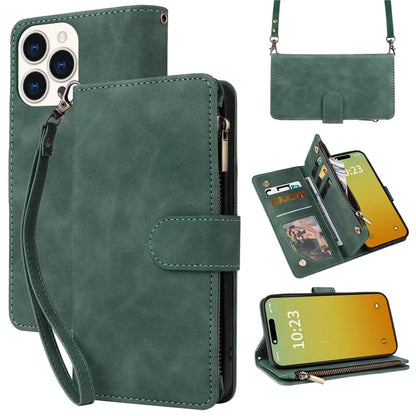 For iPhone 15 Pro Max Case with Shoulder Strap Zipper Wallet Leather Phone Cover