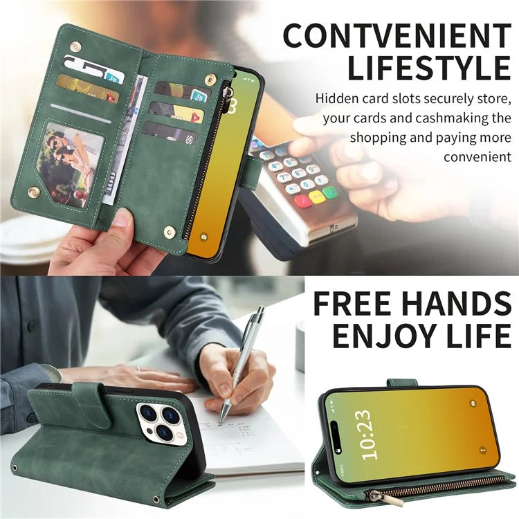 For iPhone 15 Pro Max Case with Shoulder Strap Zipper Wallet Leather Phone Cover