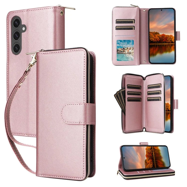 R20 For Samsung Galaxy S24 FE Case Zipper Pocket PU Leather Cover with 9 Card Slots