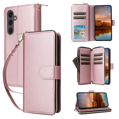 R20 For Samsung Galaxy S24 FE Case Zipper Pocket PU Leather Cover with 9 Card Slots