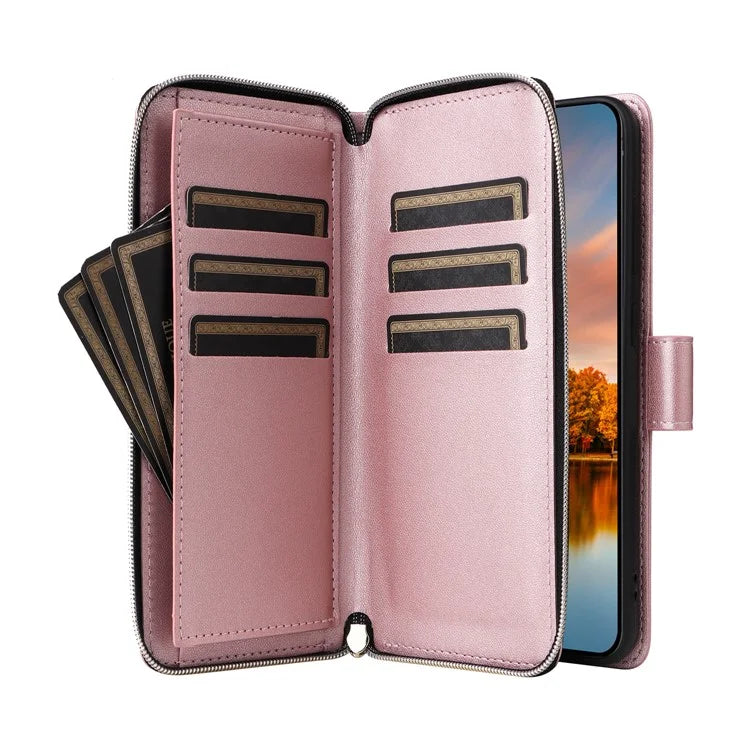 R20 For Samsung Galaxy S24 FE Case Zipper Pocket PU Leather Cover with 9 Card Slots