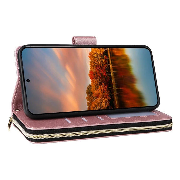 R20 For Samsung Galaxy S24 FE Case Zipper Pocket PU Leather Cover with 9 Card Slots