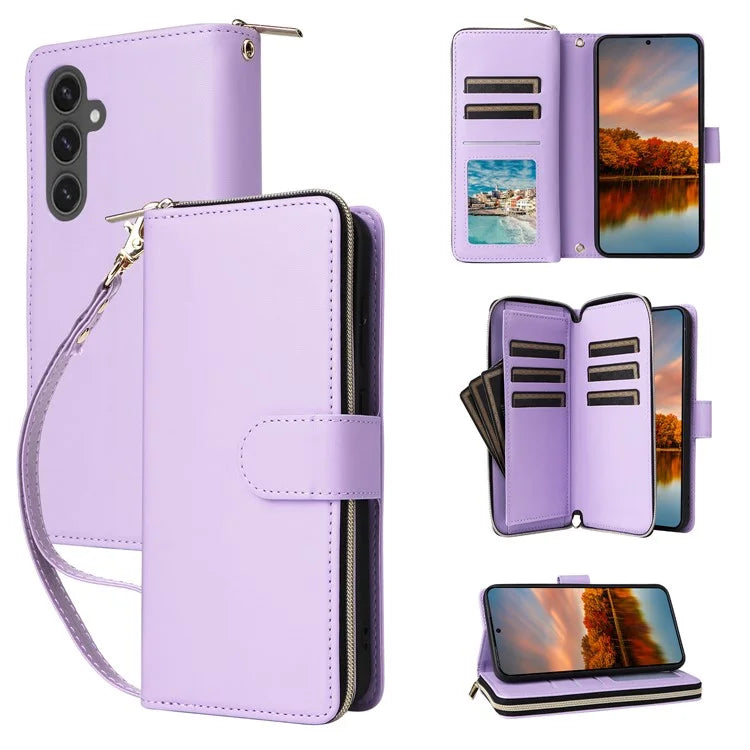 R20 For Samsung Galaxy S24 FE Case Zipper Pocket PU Leather Cover with 9 Card Slots