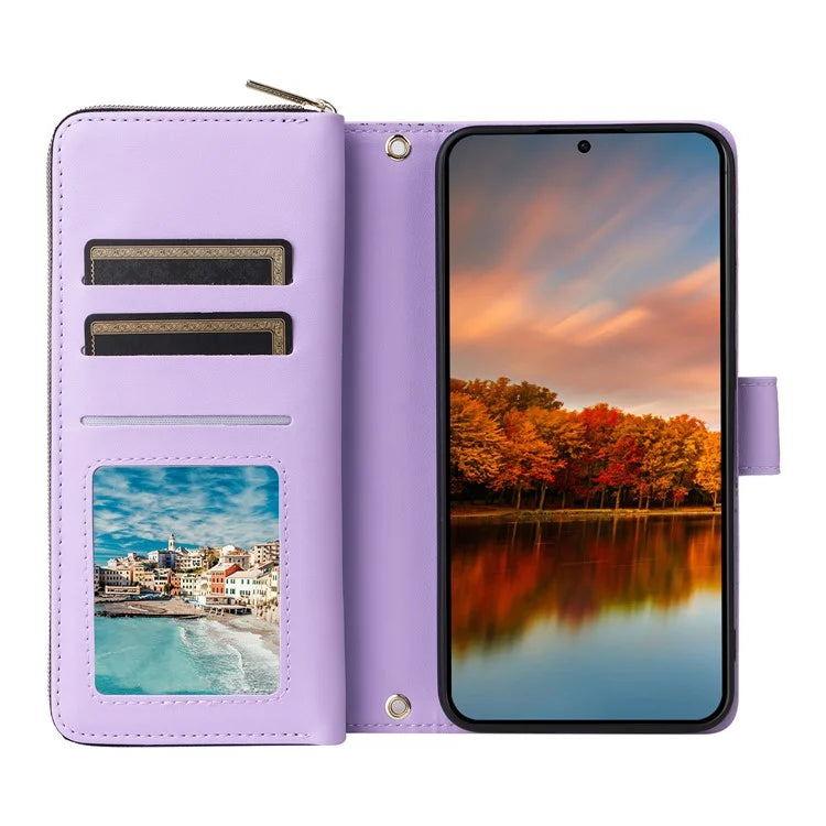 R20 For Samsung Galaxy S24 FE Case Zipper Pocket PU Leather Cover with 9 Card Slots
