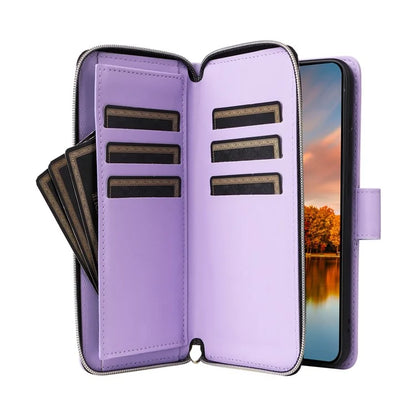 R20 For Samsung Galaxy S24 FE Case Zipper Pocket PU Leather Cover with 9 Card Slots