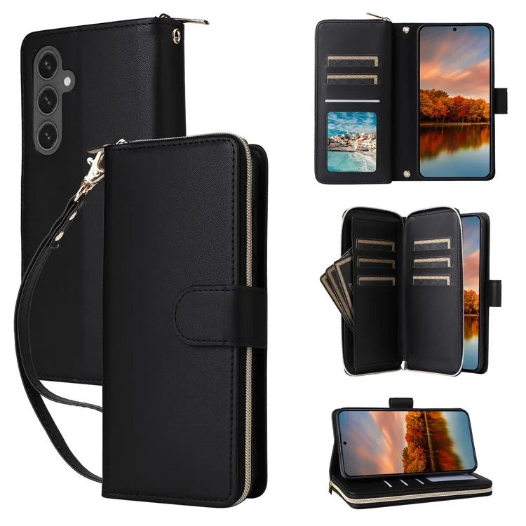 R20 For Samsung Galaxy S24 FE Case Zipper Pocket PU Leather Cover with 9 Card Slots