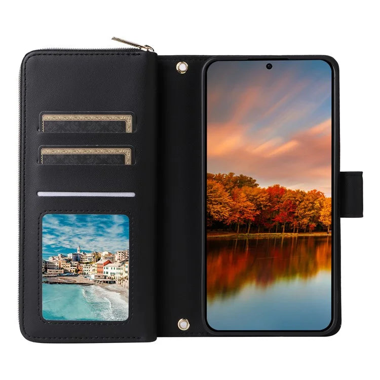 R20 For Samsung Galaxy S24 FE Case Zipper Pocket PU Leather Cover with 9 Card Slots