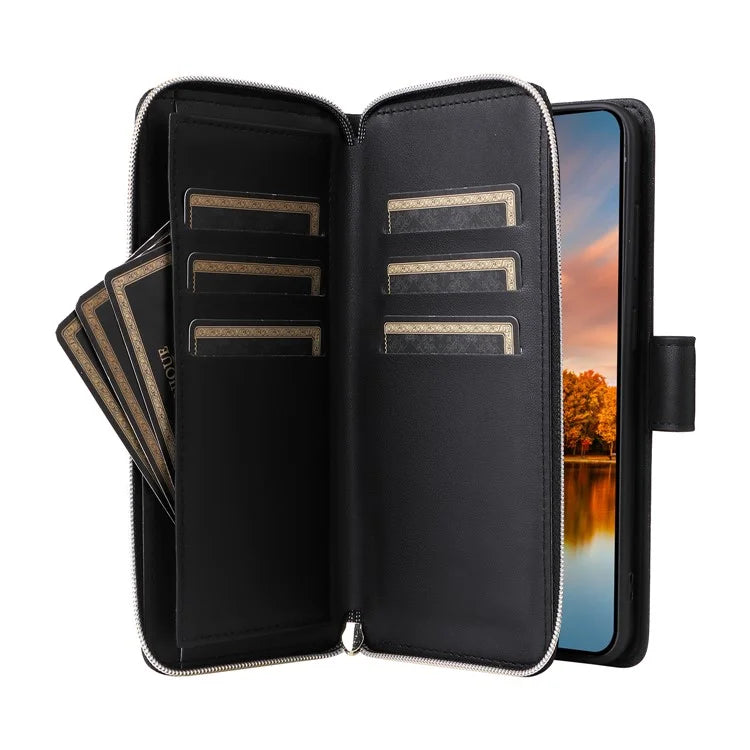 R20 For Samsung Galaxy S24 FE Case Zipper Pocket PU Leather Cover with 9 Card Slots