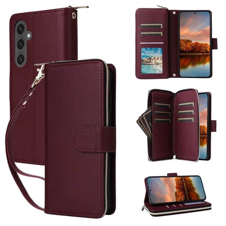 R20 For Samsung Galaxy S24 FE Case Zipper Pocket PU Leather Cover with 9 Card Slots