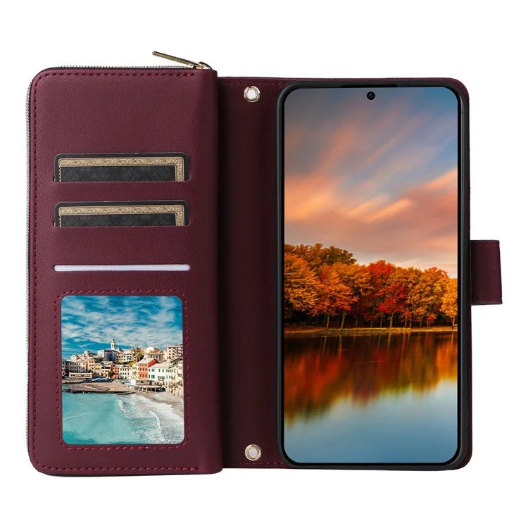 R20 For Samsung Galaxy S24 FE Case Zipper Pocket PU Leather Cover with 9 Card Slots