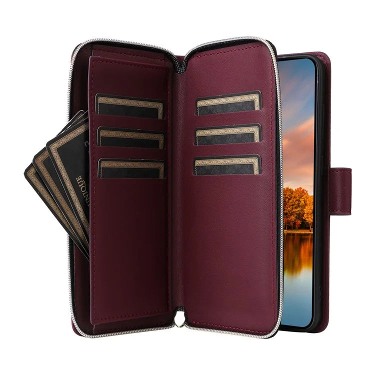 R20 For Samsung Galaxy S24 FE Case Zipper Pocket PU Leather Cover with 9 Card Slots