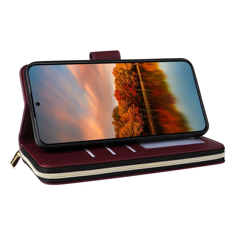 R20 For Samsung Galaxy S24 FE Case Zipper Pocket PU Leather Cover with 9 Card Slots