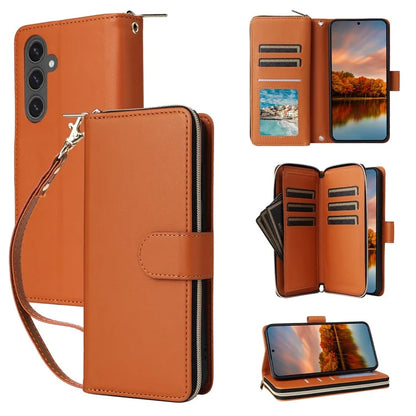 R20 For Samsung Galaxy S24 FE Case Zipper Pocket PU Leather Cover with 9 Card Slots