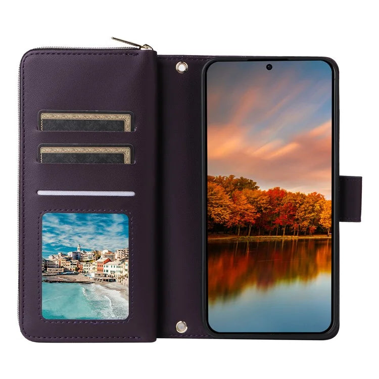 R20 For Samsung Galaxy S24 FE Case Zipper Pocket PU Leather Cover with 9 Card Slots