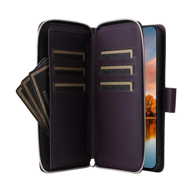 R20 For Samsung Galaxy S24 FE Case Zipper Pocket PU Leather Cover with 9 Card Slots
