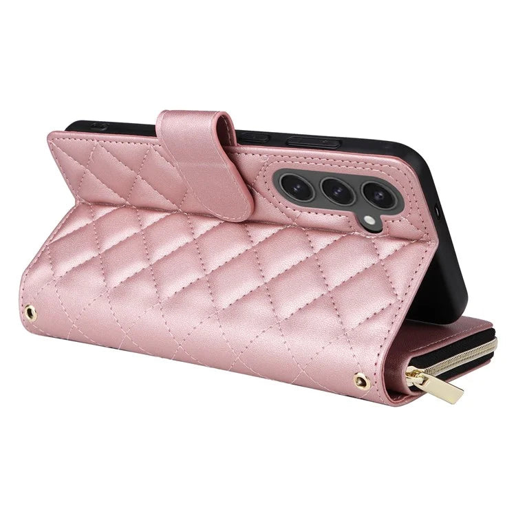 For Samsung Galaxy S24 FE Case Zipper Wallet Rhombus PU Leather Crossbody Phone Bag