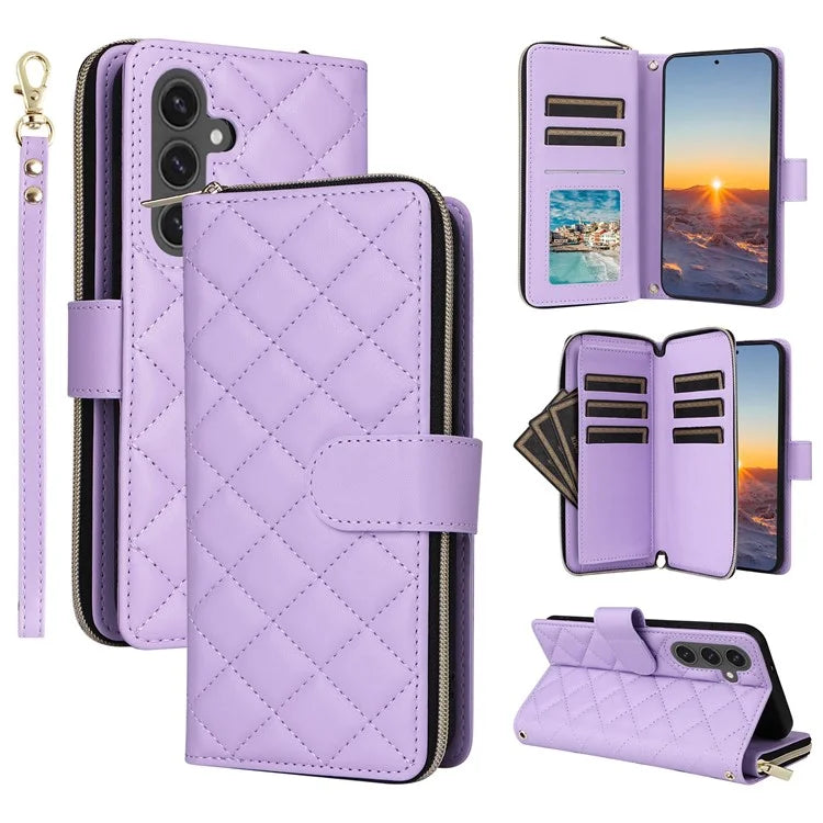 For Samsung Galaxy S24 FE Case Zipper Wallet Rhombus PU Leather Crossbody Phone Bag