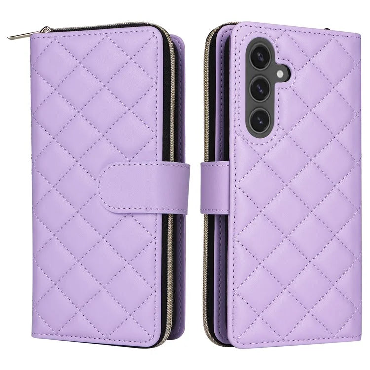 For Samsung Galaxy S24 FE Case Zipper Wallet Rhombus PU Leather Crossbody Phone Bag