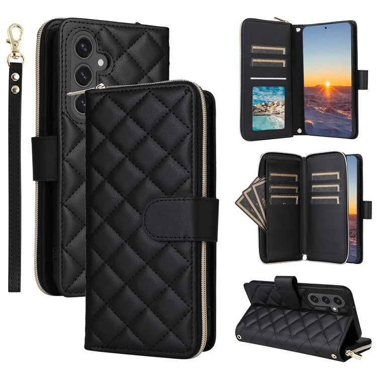 For Samsung Galaxy S24 FE Case Zipper Wallet Rhombus PU Leather Crossbody Phone Bag
