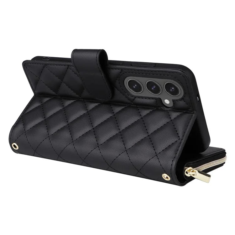 For Samsung Galaxy S24 FE Case Zipper Wallet Rhombus PU Leather Crossbody Phone Bag