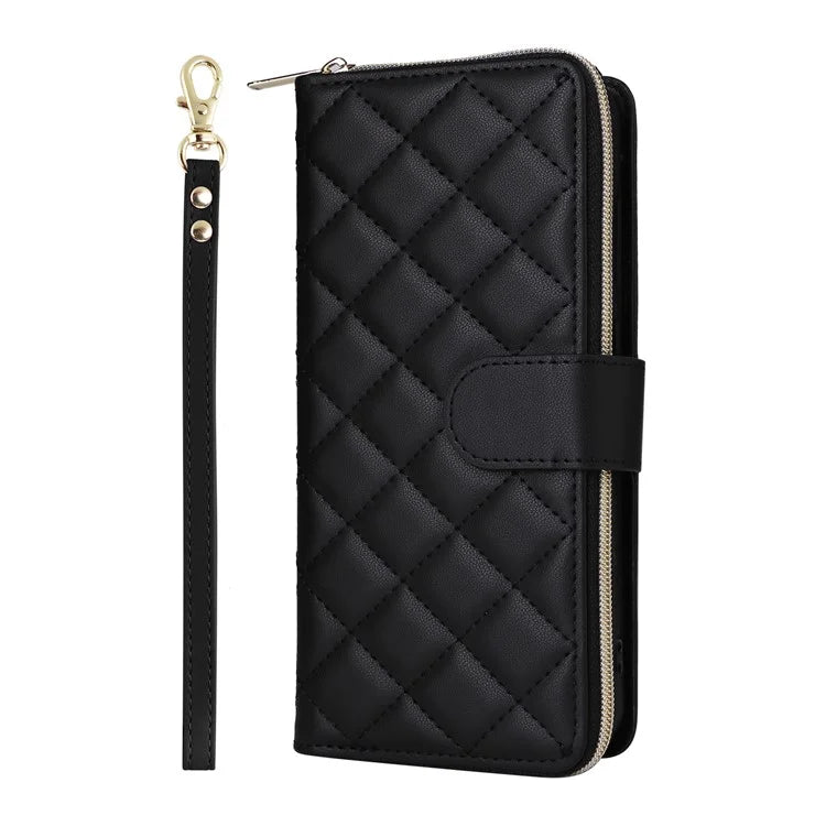 For Samsung Galaxy S24 FE Case Zipper Wallet Rhombus PU Leather Crossbody Phone Bag