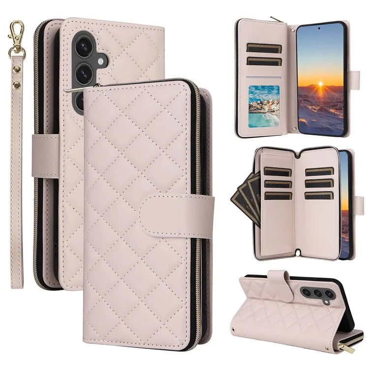 For Samsung Galaxy S24 FE Case Zipper Wallet Rhombus PU Leather Crossbody Phone Bag