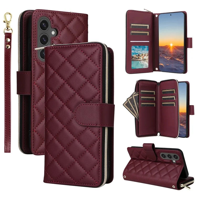 For Samsung Galaxy S24 FE Case Zipper Wallet Rhombus PU Leather Crossbody Phone Bag