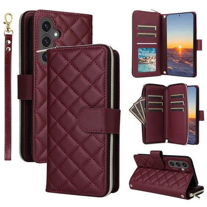 For Samsung Galaxy S24 FE Case Zipper Wallet Rhombus PU Leather Crossbody Phone Bag
