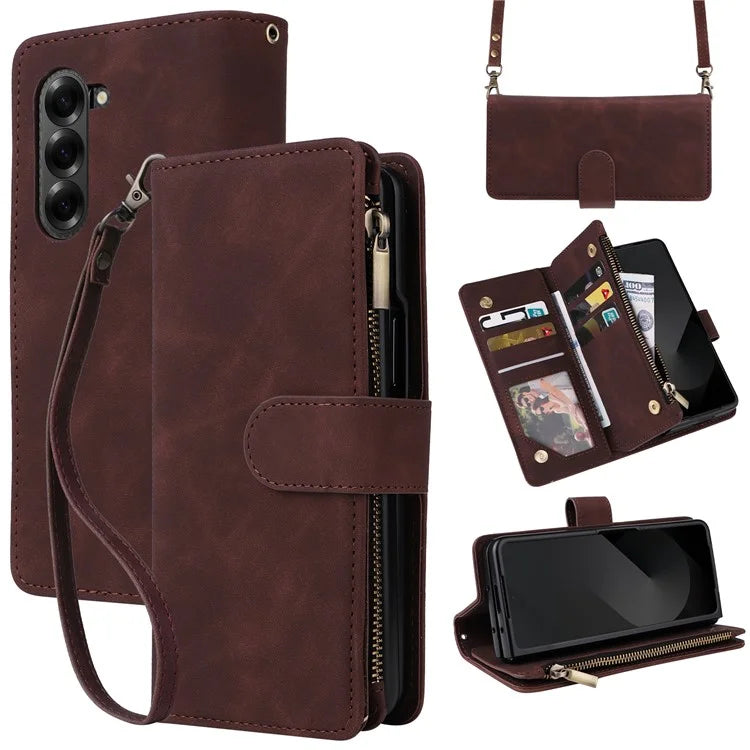 For Samsung Galaxy Z Fold6 5G Case Zipper Pocket Leather Phone Cover with Shoulder Strap