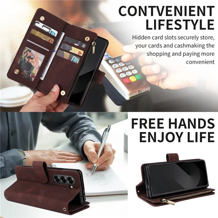 For Samsung Galaxy Z Fold6 5G Case Zipper Pocket Leather Phone Cover with Shoulder Strap
