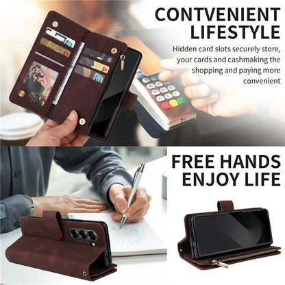 For Samsung Galaxy Z Fold6 5G Case Zipper Pocket Leather Phone Cover with Shoulder Strap