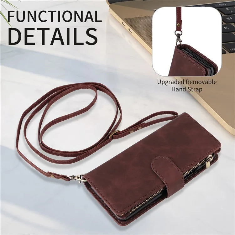 For Samsung Galaxy Z Fold6 5G Case Zipper Pocket Leather Phone Cover with Shoulder Strap