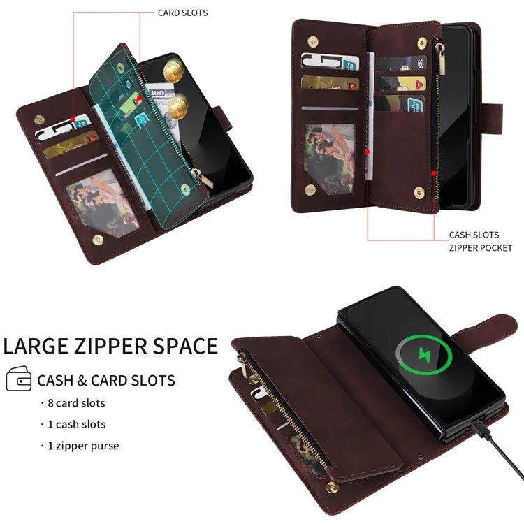 For Samsung Galaxy Z Fold6 5G Case Zipper Pocket Leather Phone Cover with Shoulder Strap