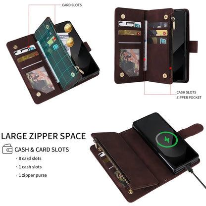 For Samsung Galaxy Z Fold6 5G Case Zipper Pocket Leather Phone Cover with Shoulder Strap
