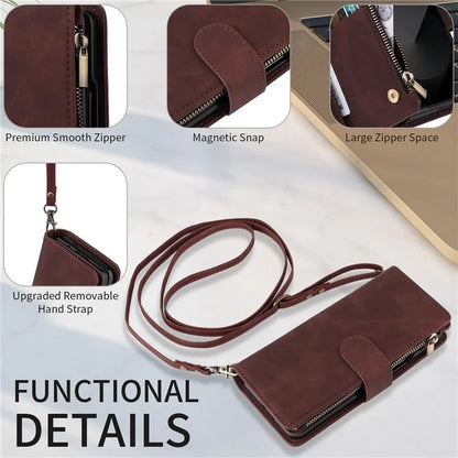 For Samsung Galaxy Z Fold6 5G Case Zipper Pocket Leather Phone Cover with Shoulder Strap