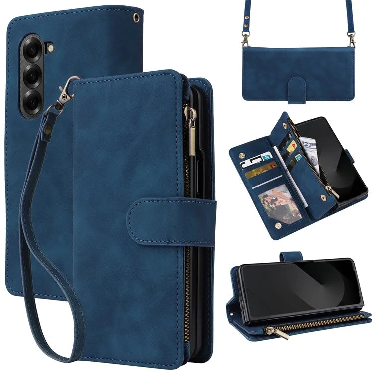 For Samsung Galaxy Z Fold6 5G Case Zipper Pocket Leather Phone Cover with Shoulder Strap