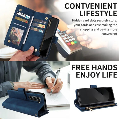 For Samsung Galaxy Z Fold6 5G Case Zipper Pocket Leather Phone Cover with Shoulder Strap