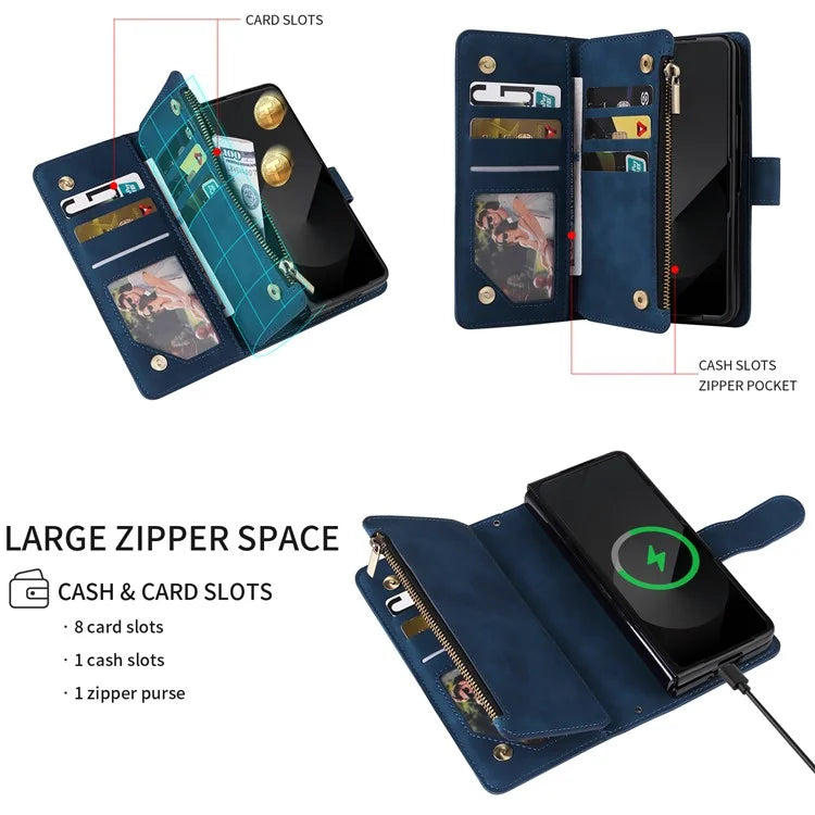 For Samsung Galaxy Z Fold6 5G Case Zipper Pocket Leather Phone Cover with Shoulder Strap