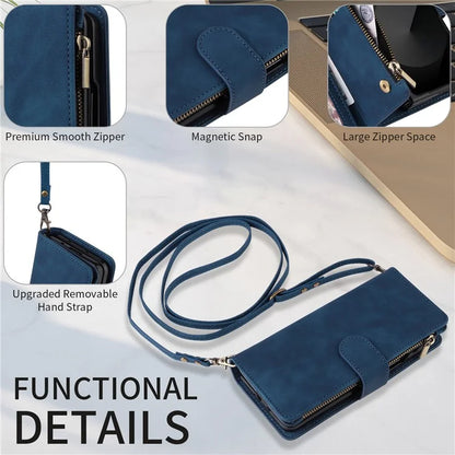 For Samsung Galaxy Z Fold6 5G Case Zipper Pocket Leather Phone Cover with Shoulder Strap