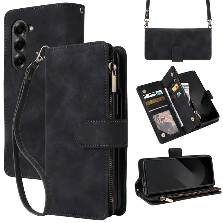 For Samsung Galaxy Z Fold6 5G Case Zipper Pocket Leather Phone Cover with Shoulder Strap