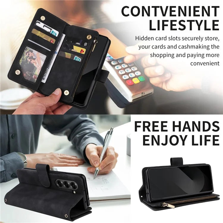 For Samsung Galaxy Z Fold6 5G Case Zipper Pocket Leather Phone Cover with Shoulder Strap