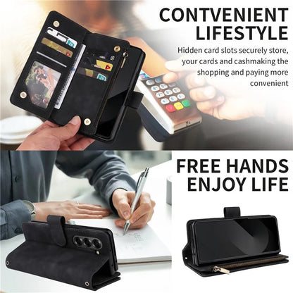 For Samsung Galaxy Z Fold6 5G Case Zipper Pocket Leather Phone Cover with Shoulder Strap