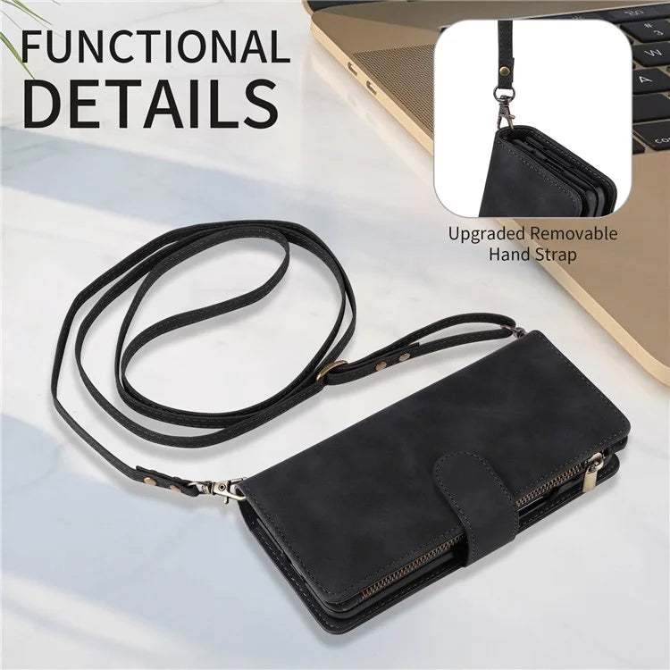 For Samsung Galaxy Z Fold6 5G Case Zipper Pocket Leather Phone Cover with Shoulder Strap